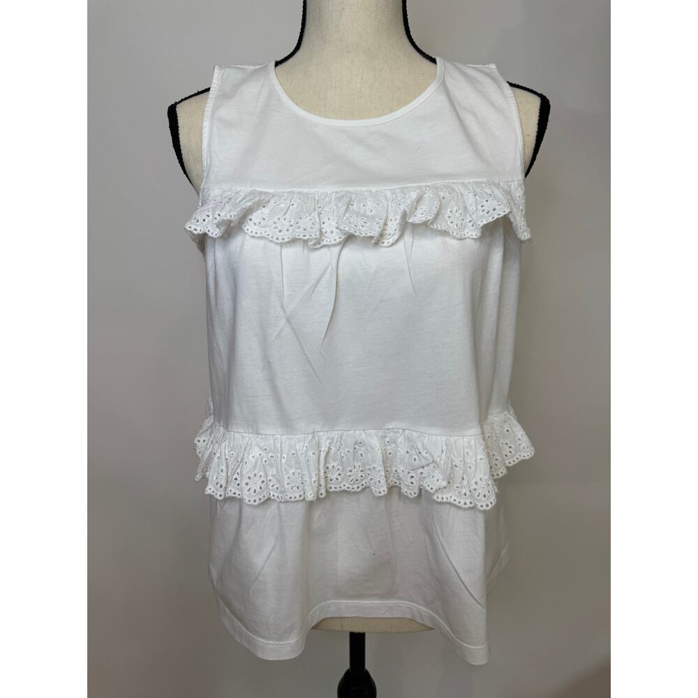 J crew White Sleeveless Eyelet Ruffle Tank Top Size L